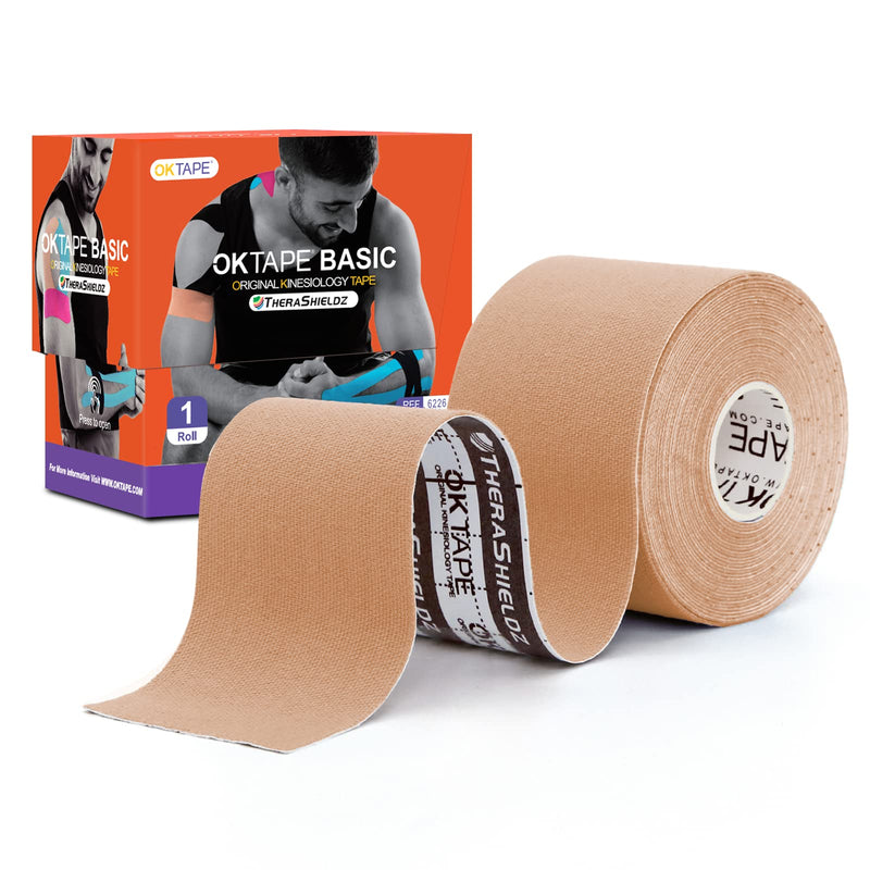 [Australia] - OK TAPE Kinesiology Tape, Basic Original Cotton Elastic Athletic Tape for Support and Recovery, Sports Tape Therapeutic Pain Relief, 2in×16.4ft Uncut Roll - Beige 1 Roll 