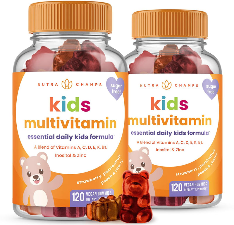 NutraChamps 120 Gummy Vitamins for Kids (Pack of 2), Sugar Free Kids Vitamins Gummy Multivitamin, Vegan & Non-GMO, Strawberry, Passionfruit, Peach & Cherry 120 Count (Pack of 2)