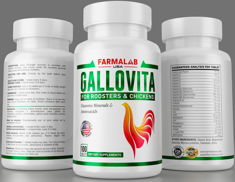 GALLOVITA para Gallos 100Tabs Vitamins Minerals Aminoacids for Rooster Hens Chickens Gamefowl Vitaminas Minerales Aminoacidos - PawsPlanet Australia