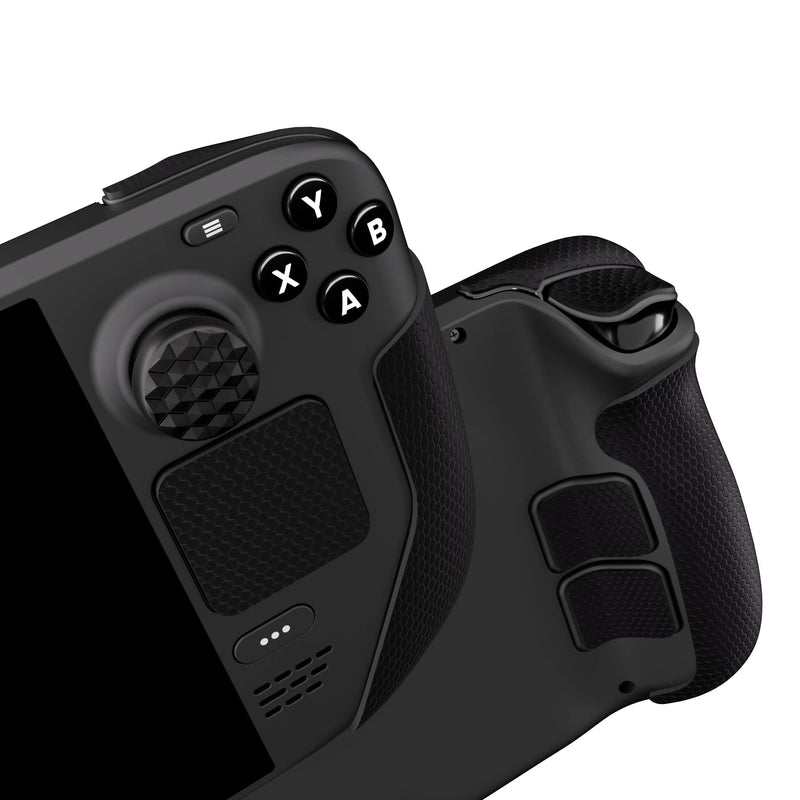 [Australia] - PlayVital Professional Textured Soft Rubber Pads Handle Grips for Steam Deck LCD & OLED, Trackpads Skin Grip Enhancement Back Button Protective Stickers Set with Thumb Caps - Honeycomb Textured Black 