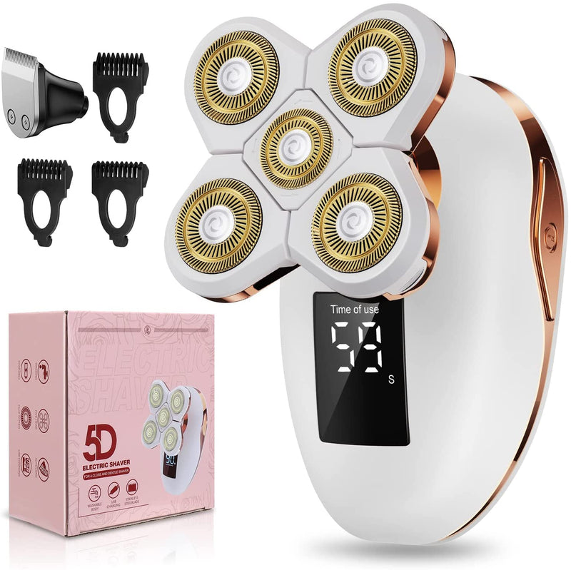 2-in-1 Electric Razors for Women, Wet/Dry 5D Razor & Hair Trimmer with USB Adapter & Charging Cable,5D Rechargeable Rotary Shaver with Lithium-Ion Battery, Water Resistant Grooming Kit White 2