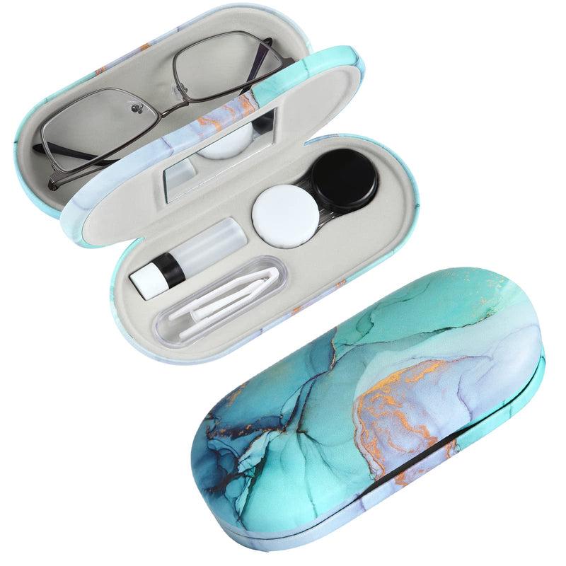 [Australia] - AITIME 2 in 1 Double Sided Portable Contact Lens and Eyeglasses Case, Marbling, Multifunction, Durable, Compact, Portable Storage Kit Marble-Green 