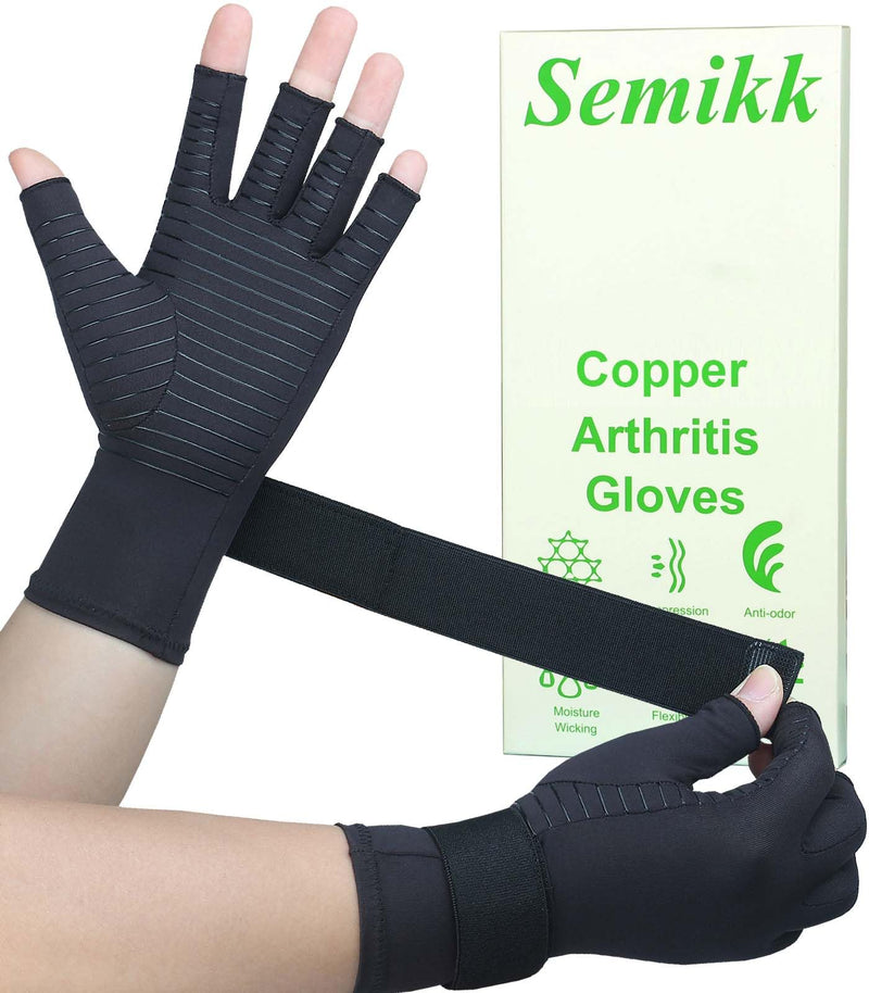 [Australia] - Copper Arthritis Gloves with Adjustable Wrist Strap for Women Men, Fingerless Compression Gloves for Arthritis, Carpal Tunnel, Pain Relief, Swelling, Rheumatoid, Typing (Large/X-Large) Large/X-Large (1 Pair) Black - Open Finger 