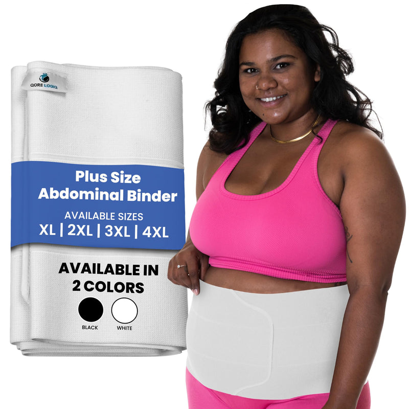 QORE LOGIQ Plus Size Abdominal Binder Post Surgery - C Section Belly Binder, Postpartum Belly Band, Adjustable 9" Compression Wrap for Stomach & Hernia Belt, White 4XL 4X-Large