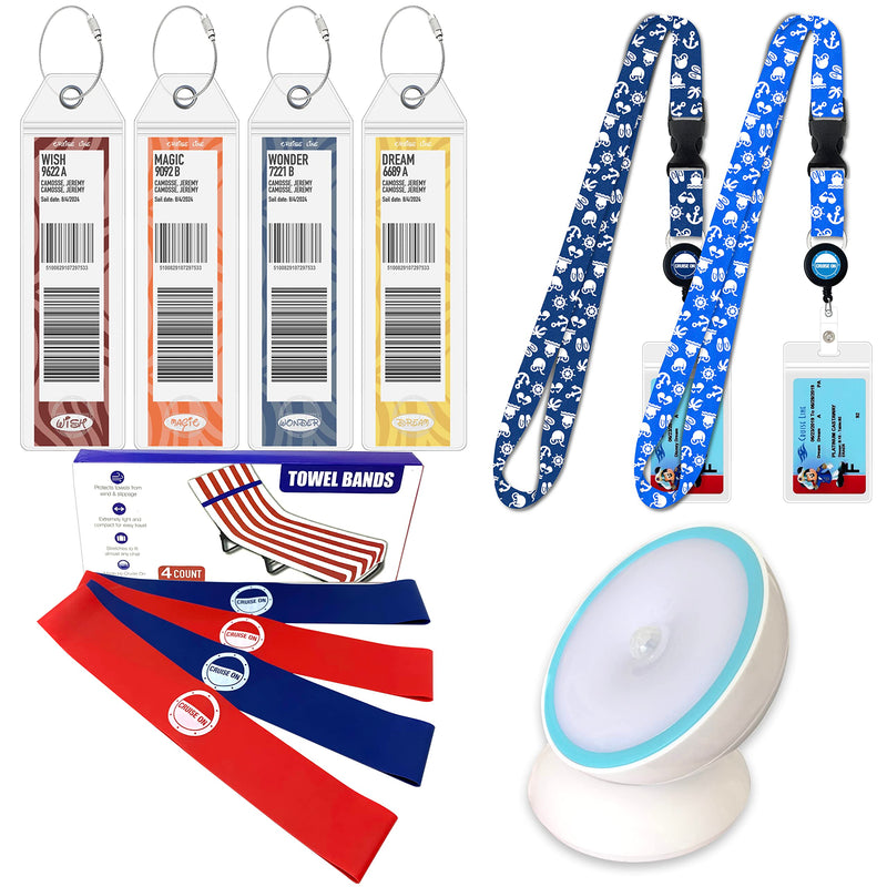 Disney Cruise Essentials (4 Items) Luggage Tag Holders, Night Light, Towel Bands & Cruise Lanyards with Retractable Reel