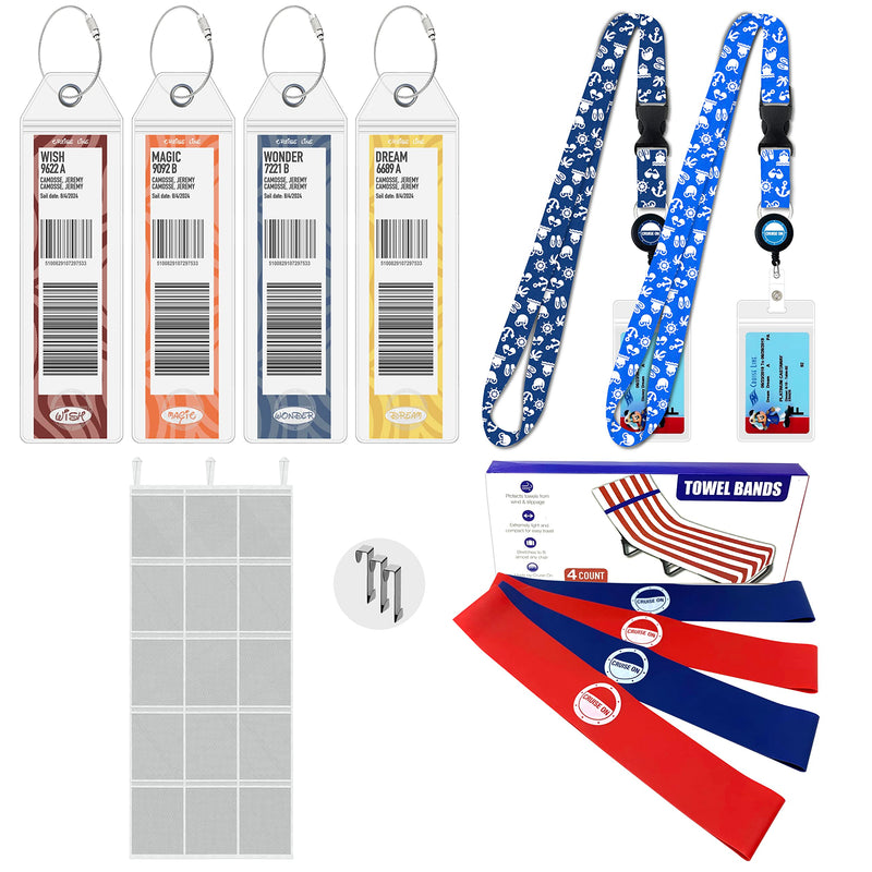 Disney Cruise Essentials (4 Items) Luggage Tag Holders, Hanging Organizer, Towel Bands & Cruise Lanyards with Retractable Reel
