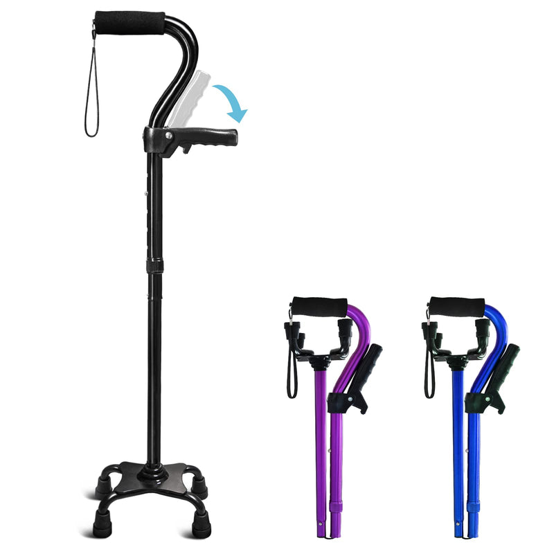 [Australia] - Adjustable Walking Cane for Men & Women with 4-Pronged Base for Extra Stability - Foldable Cane for Seniors with Foam Padded Offset Handle for Soft Grip & a Second Handle for Standing Black 