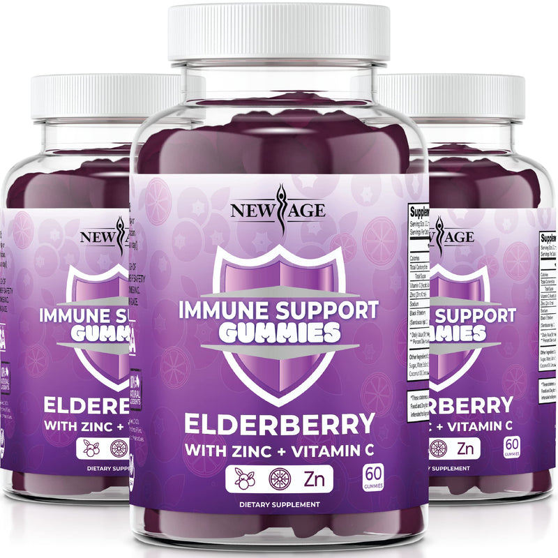 NEW AGE Immune System Support Gummies - Sambucus Black Elderberry Gummies with Vitamin C and Zinc (180 Count (Pack of 3)) 180 Gummies (Pack of 3)