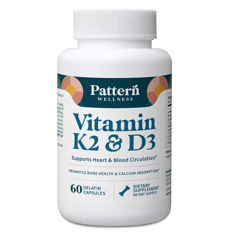 Pattern Wellness Vitamin K2 & D3 Supplement – 60 Capsules | 5000 IU Vitamin D3 & 100 mcg MK-7 – Includes Calcium & Phosphorus – Non-GMO Formula 60 Count (Pack of 1)