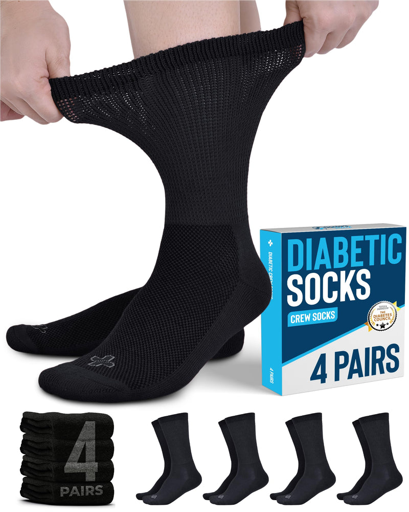 [Australia] - Doctor's Select Diabetic Socks - 4 Pairs Neuropathy Socks for Men & Women Large Black - 4 Pairs 