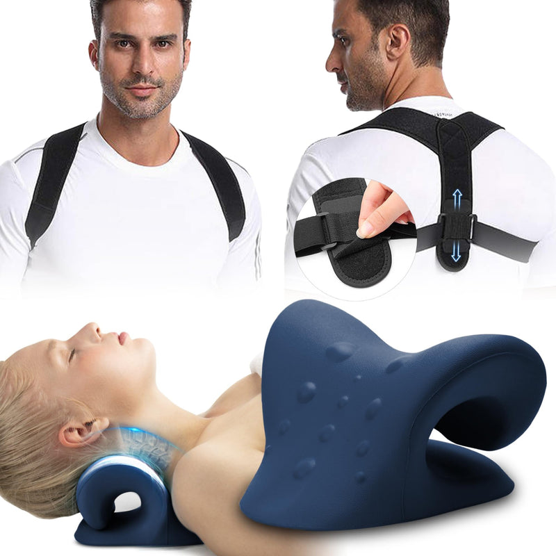 Neck Stretcher & Posture Corrector for Women and Men, Cervical Traction for Spine Alignment, Adjustable Upper Back Brace & Elastic Support for Shoulder Back Pain Relief (Dark Blue) Dark Blue