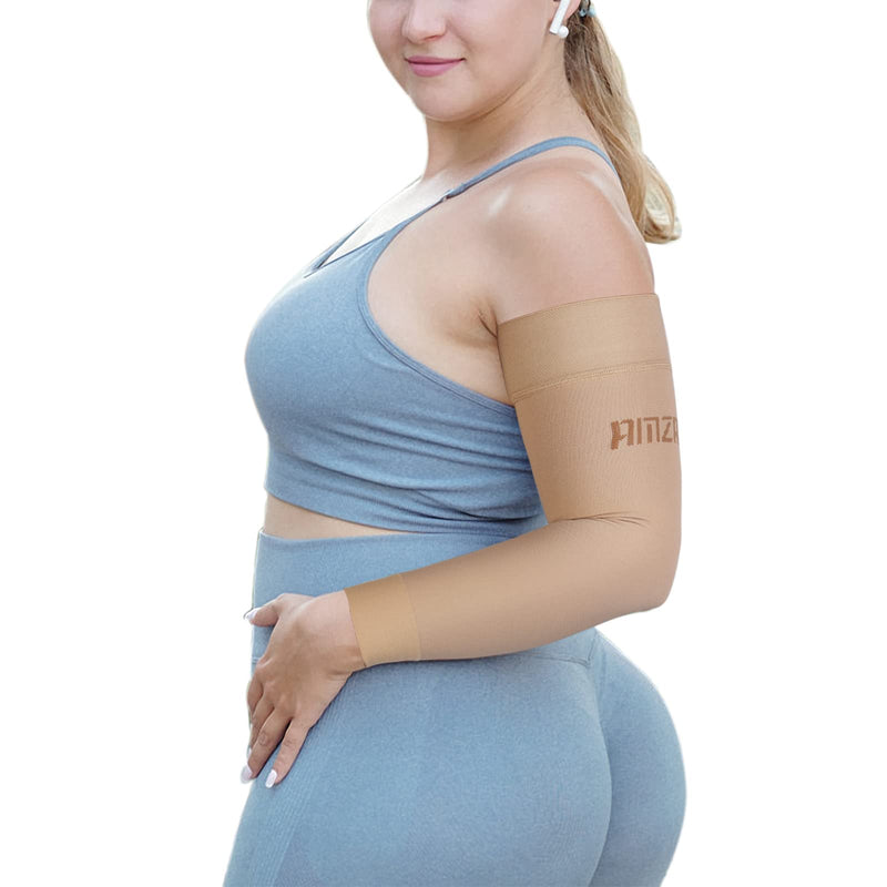 [Australia] - AMZAM® Medical Compression Arm Sleeve for Women & Men, 15-20 mmHg Graduated Compression Brace with Silicone Band for Pain Relief, Lymphedema, Edema, Swelling, Arthritis, Beige L Large (Single) Beige (15-20 Mmhg) 