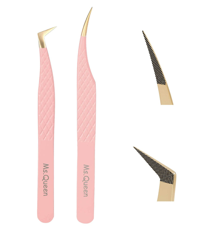 Ms.Queen Lash Extension Tweezers,2Pcs Fiber Tip Grip Boot Volume Tweezer and Dolphin Isolation Eyelash Tweezers 2PCS SET Pink