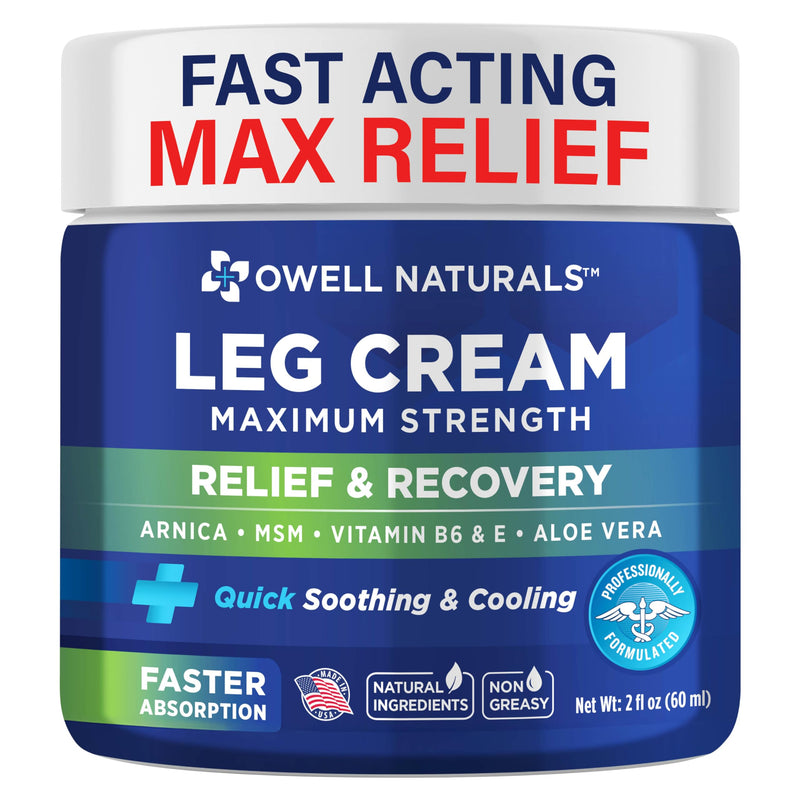 OWELL NATURALS Relief Legs Cream, Deep Penetrating Soothing Formula, Fast Acting & Maximum Strength with Arnica, Aloe Vera Vitamin E, for Muscles, Calf, foot, ankle, 2 oz 2 Fl Oz (Pack of 1)
