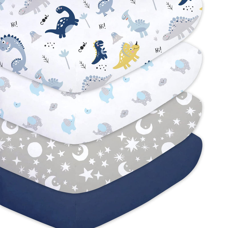 [Australia] - Crib Sheets for Baby Boys 4 Pack, 28"x 52" Extra Soft Microfiber Crib Sheet Set for Standard Crib & Toddler Mattress Pad, Dinosaur & Elephant & Stars & Navy Blue Blue Dinosaurs 1 