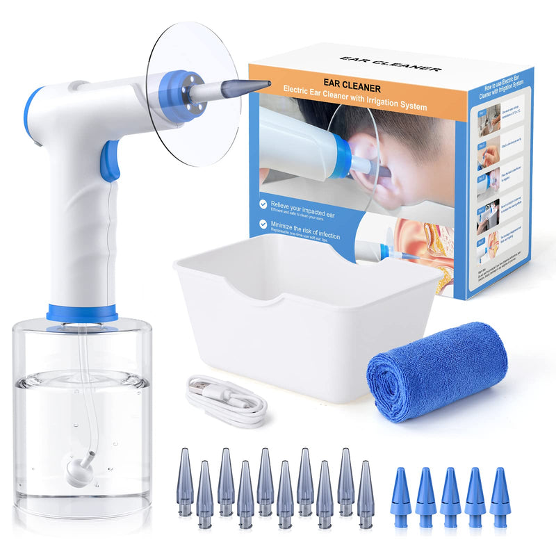[Australia] - Ear Wax Removal, Electric Ear Cleaning Kit with Light, Ear Irrigation Kit with 4 Pressure Modes, Safe and Effective Ear Flush Kit with Ear Cleaner - Includes Basin, Towel & 15 Tips Blue 