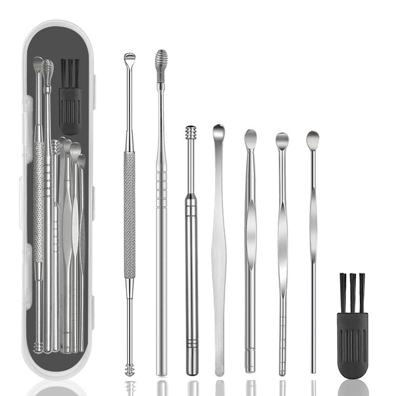 [Australia] - 8 Pcs Ear Wax Removal Kit,Professional Double-Headed Ear Pick Earwax Removal Tools,316L Stainless Steel Ear Cleaner Curette with Cleaning Brush and Storage Box,Suit for Kid Adult(Silver) Silver Plastic Case 