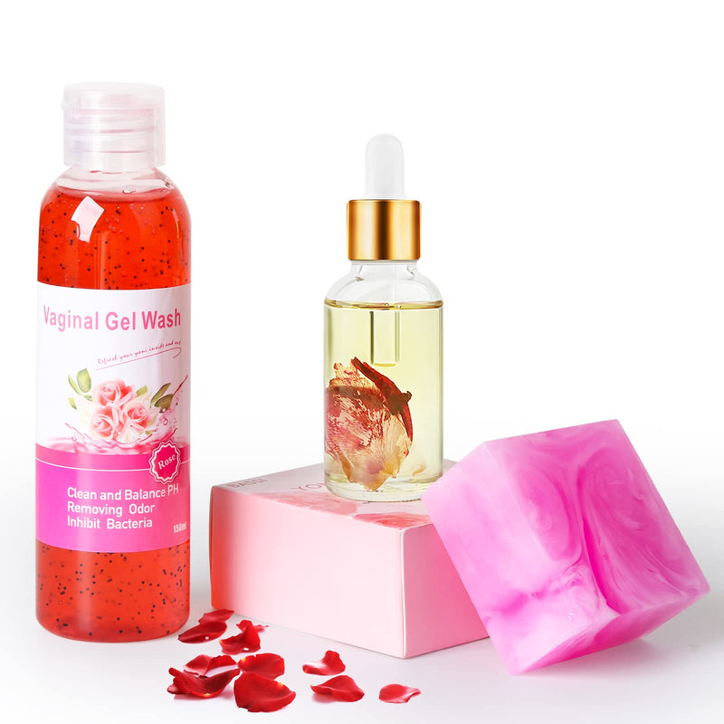 [Australia] - Feminine Wash & Yoni Oil & Yoni Soap Set for Women, Yoni Wash for Vaginal Ph Balance Remove Odor Moisturizing, 1 Fl.Oz Feminine Oil & 5.07 Fl.Oz Vaginal Wash 3.53 Oz Yoni Soap Bar Rose2 