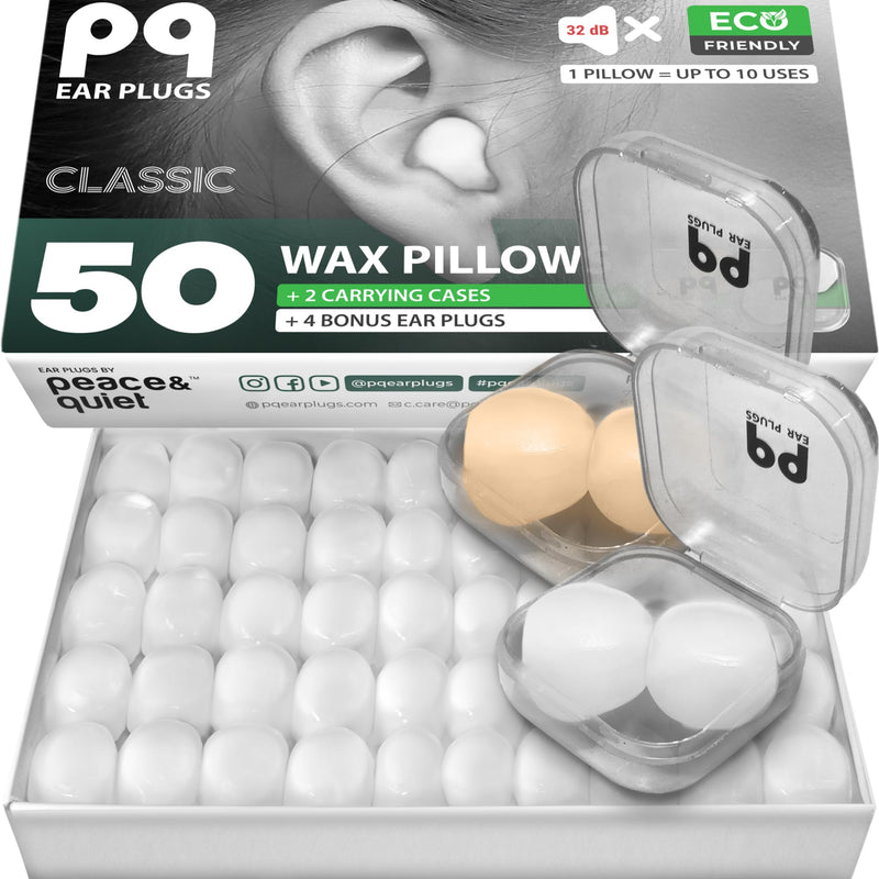 [Australia] - PQ Wax Ear Plugs for Sleeping, Swimming - 50 Noise Cancelling Silicone Gel Wax Earplugs, Ear Protection for Sleep and Swim, Soft Wax Pillows with Sound Blocking Level 32Db, (50 Pillows), Color: White White Color 50 
