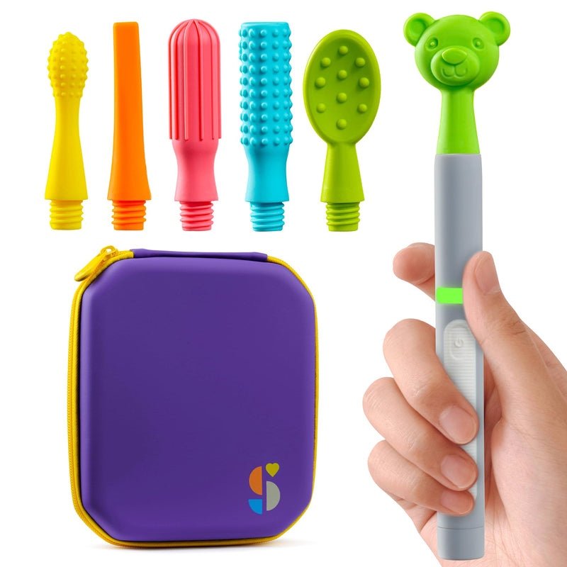Special Supplies Buzz Buddy Oral Motor Stimulation kit with 6 Soft Textured Interchangeable Heads, Calm Sensory Needs, Support Speech, and Stimulate Self Feeding, Gentle Vibrations (Grey) Grey