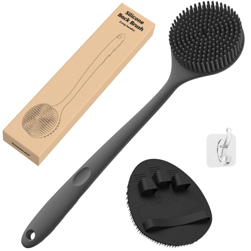 [Australia] - Silicone Back Scrubber(Thick Bristles) & Soft Bath Glove Set, Super-Exfoliating Body Scrubber & Super-Lathering Shower Brush Combination, with a Free Hook.(Black) Thick Bristles Set Black 