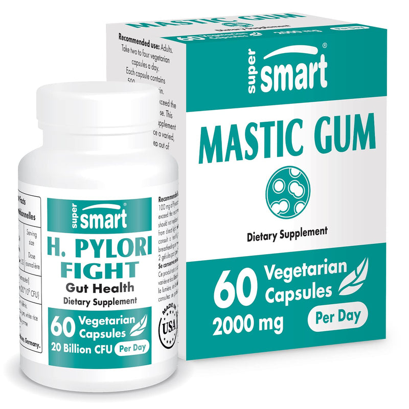 SuperSmart - H. Pylori Formula Bundle (Complete Action) - Probiotic L. Reuteri w/ Mastic Gum | Non-GMO & Gluten Free - 2x60 Vegetarian Capsules