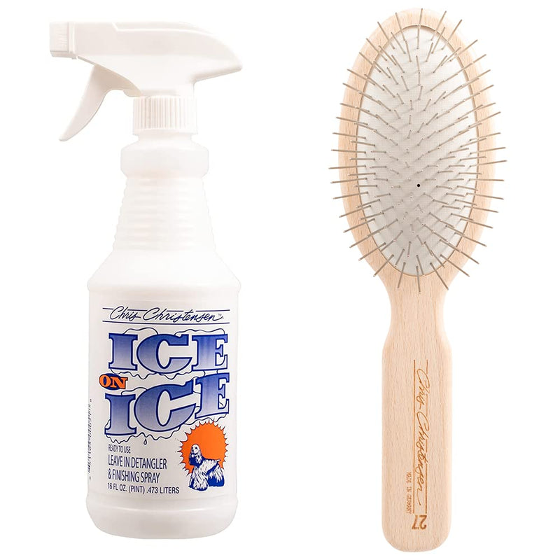 Chris Christensen Ice on Ice Detangle and Finishing Spray + 27mm Oval Original Series Brush: Adds Elasticity & Strength - Stainless Steel Pins, White - PawsPlanet Australia