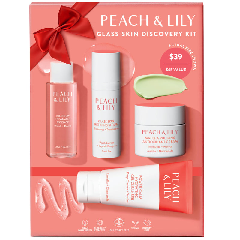 [Australia] - Peach & Lily - Glass Skin Discovery Kit (4 Products) - 1 Cleanser, 1 Essence, 1 Serum & 1 Cream - Skin Care Set - Acne Routine - Travel Essentials - Self Care - Vegan & Cruelty Free - Korean Beauty 