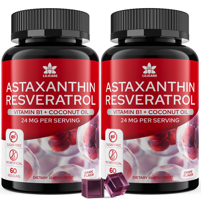 [Australia] - Sugar-Free Astaxanthin 24mg Gummies with Resveratrol, Vitamin B1, Coconut Oil - Powerful Antioxidants Supplement for Men & Women Healthy Aging, Skin, Eyes, Joints, Immune - Vegan, Non-GMO 120 Servings 60 Count (Pack of 2) 