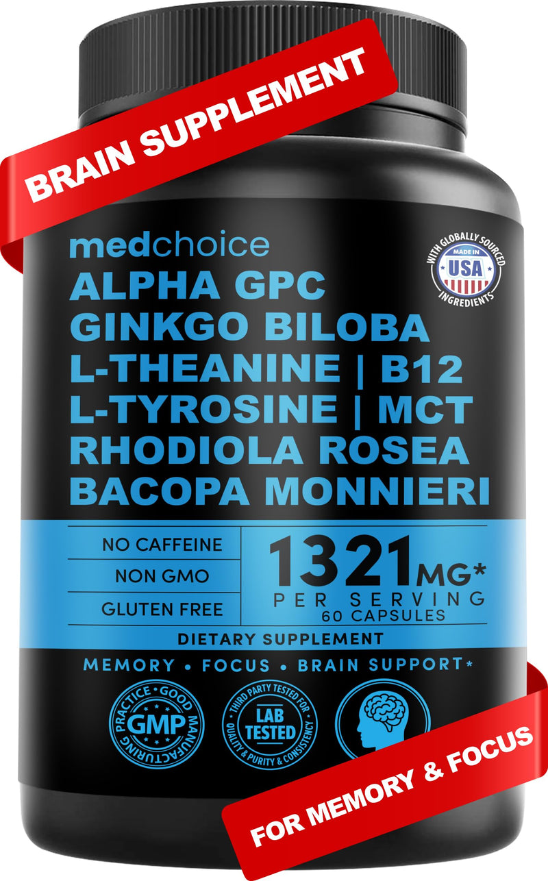 [Australia] - 11-in-1 Nootropic Brain Supplements: Memory & Focus Supplement with Ginkgo Biloba, L Theanine, Bioperine, & Alpha GPC Choline - 1321mg, 60ct - Stimulant Free, Vegan - Focus Brain Support (1 pack) Caffeine-free 60 Count (Pack of 1) 