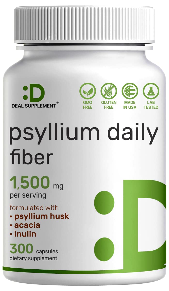 [Australia] - Psyllium Husk 1500mg Per Serving, 300 Capsules – 3 in 1 Fiber with Inulin & Acacia Complex – Natural Soluble Fiber Supplement, Supports Digestive Health – Plant Based, Non-GMO Psyllium Husk 1500mg Capsules 