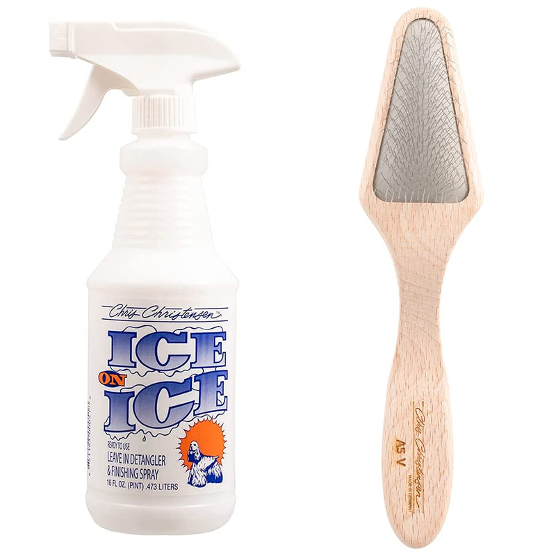 Chris Christensen Detangler & Finishing Spray Bundle: Ice on Ice Detangler - Adds Elasticity & Strength, Mark V Triangle Slicker Brush with Stainless Steel Pins - PawsPlanet Australia