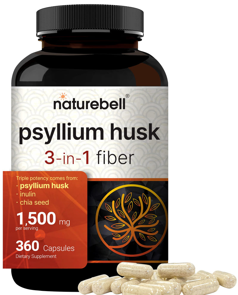 [Australia] - NatureBell Psyllium Husk Capsules 1500mg Per Serving, 360 Count, with Inulin & Chia Seed –Soluble Fiber for Digestion – Plant Based Herbal Fiber Supplement, Non-GMO, Gluten Free 