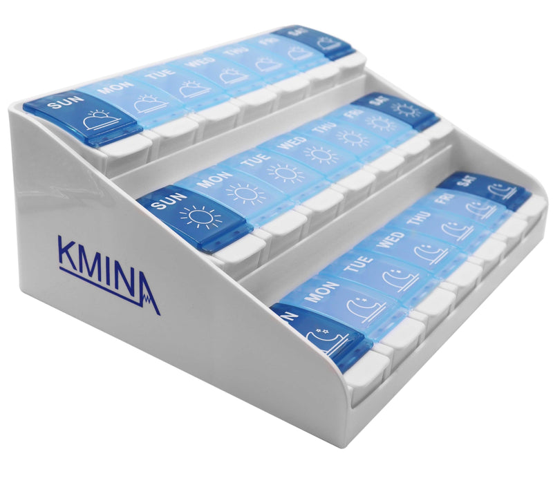 KMINA Extra Large Pill Organizer 3 Times a Day, Weekly Medicine, 7 Day Pills Box Case with Push Button for Big Vitamin Supplements, Patented, Made in Europe