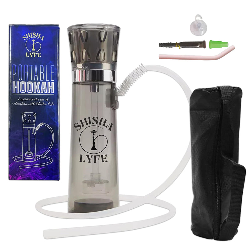[Australia] - Portable Hookah Mini Cup Set - Transparent (Grey) Shisha for Car & Hookups with LED Lights, Silicone Hose Pipe, Anti-Scald, Charcoal Holder, Tongs, Reusable Straw, Case Cover Protection Grey 