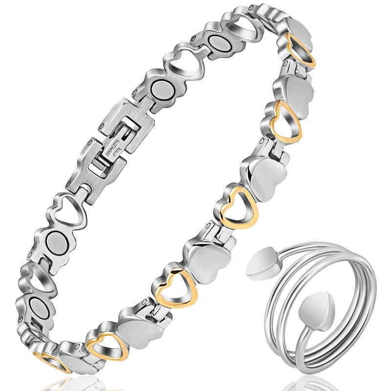 [Australia] - Lymph Detox Magnetic Bracelet, Titanium Bracelet for Women, Lymphatic Drainage Ring&Bracelet with 3500 Gauss Magnets-Jewelry Gift Set with Adjustment Tool Love Heart-S 