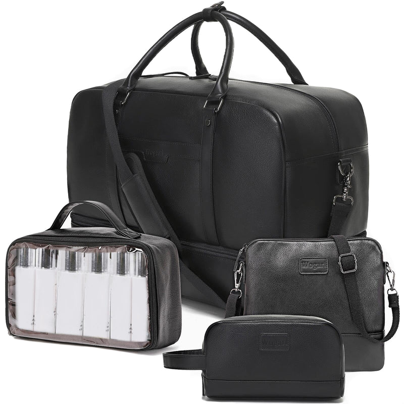 4-in-1 Leather Duffle Bag Weekender Bag for Women Men Large Overnight Bag | Hospital Gym Bag Carry On Personal Item Travel Duffel Bags with Shoe Compartment Toiletry Satchel Bag Fit 21" Laptop Black