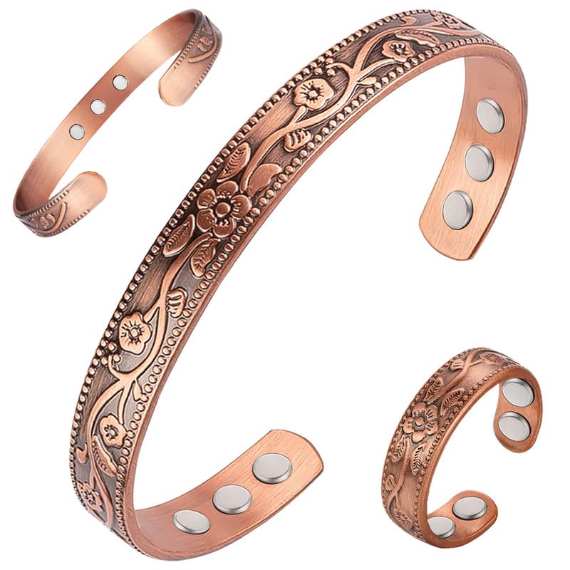 [Australia] - Copper Bracelets for Women and Copper Ring 99% Pure Copper Ring Bracelet Adjustable Size Bangle Christmas Gift Set (Copper) 9x Copper Plum+4x 
