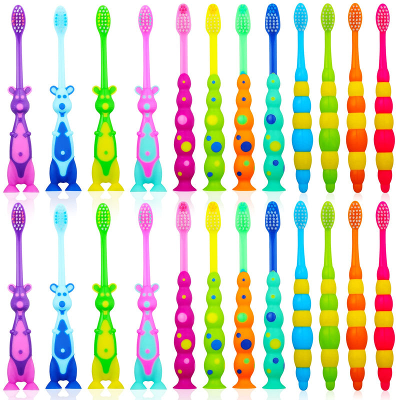 [Australia] - Toddler Toothbrush Pack - 24 Pieces, Soft Bristle Animal Toothbrushes with Covers, Suction Cup, Sensitive Teeth 