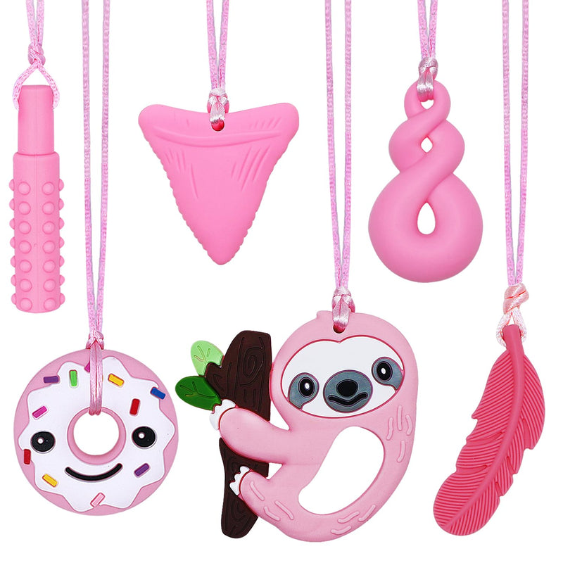 [Australia] - Chew Necklaces for Sensory Kids, Silicone Chewy Necklace Sensory Stim Toy for Girls Boys, 6 Pack Sensory Chew Toys for Kids Teens Adults with Autism Anxiety ADHD SPD or Other Sensory Needs - Pink Pink Sloth 