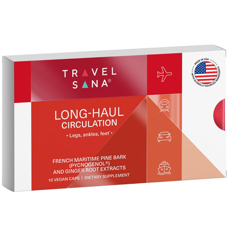 [Australia] - Long-Haul Circulation Relieves Leg Discomfort, Reduces Swollen Feet, Legs, Ankles from Prolonged Sitting, Travel Essentials, Pycnogenol 100mg, Ginger Extract, 10 Servings (Veg Caps) 10 Count (Pack of 1) 