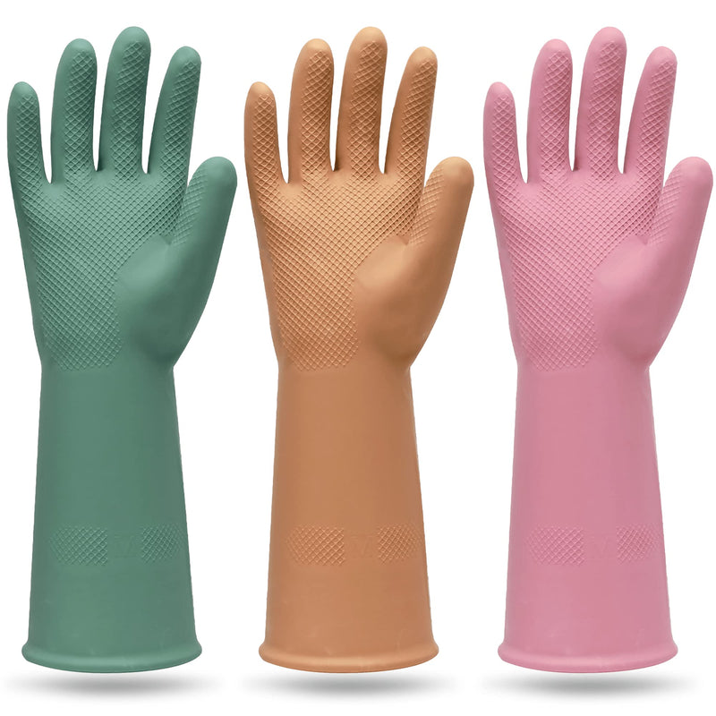 [Australia] - MAMISON 3 Pairs Colorful Reusable Waterproof Household Dishwashing Cleaning Rubber Gloves, Non-Slip Kitchen Glove Medium 