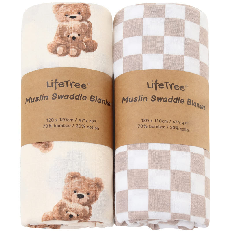 [Australia] - LifeTree Muslin Swaddle Blankets Neutral, Baby Swaddling Wrap Nursery Blanket for Boys & Girls Unisex, Soft 70% Viscose from Bamboo and 30% Cotton, Large 47 x 47 inches, Bear & Checkered Coffee 