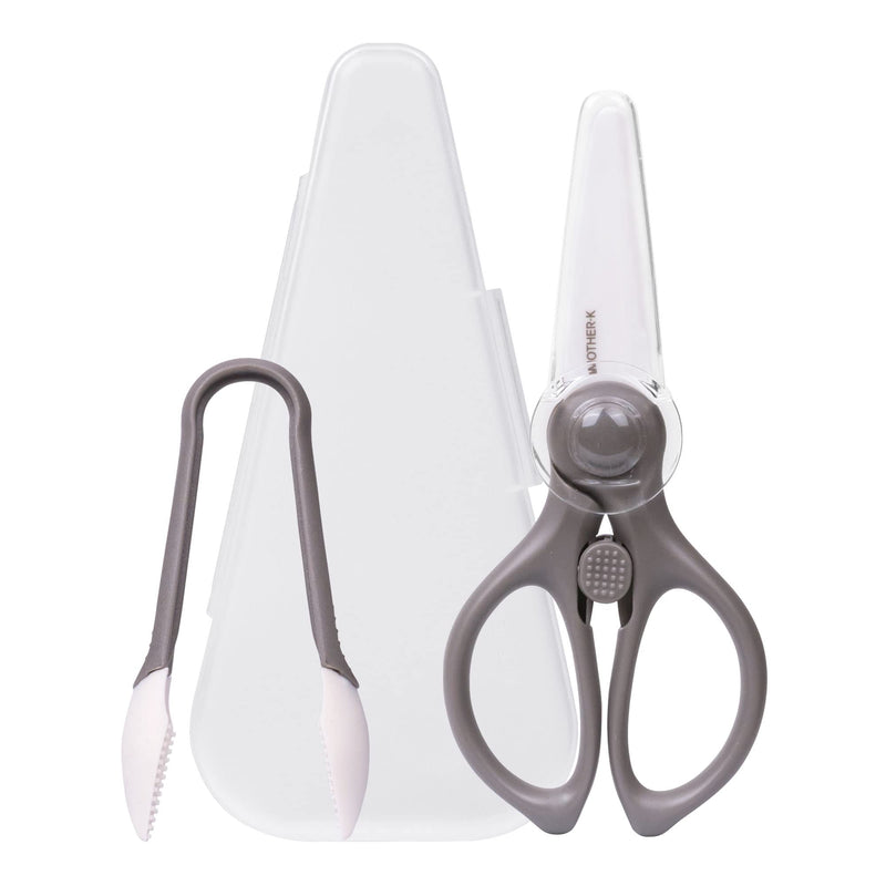 [Australia] - MOTHER-K Portable Ceramic Scissors with Tongs Set, Ceramic Scissors for Baby Food with Protective Blade Cover and Portable Case, Safety Lock (GREY) 