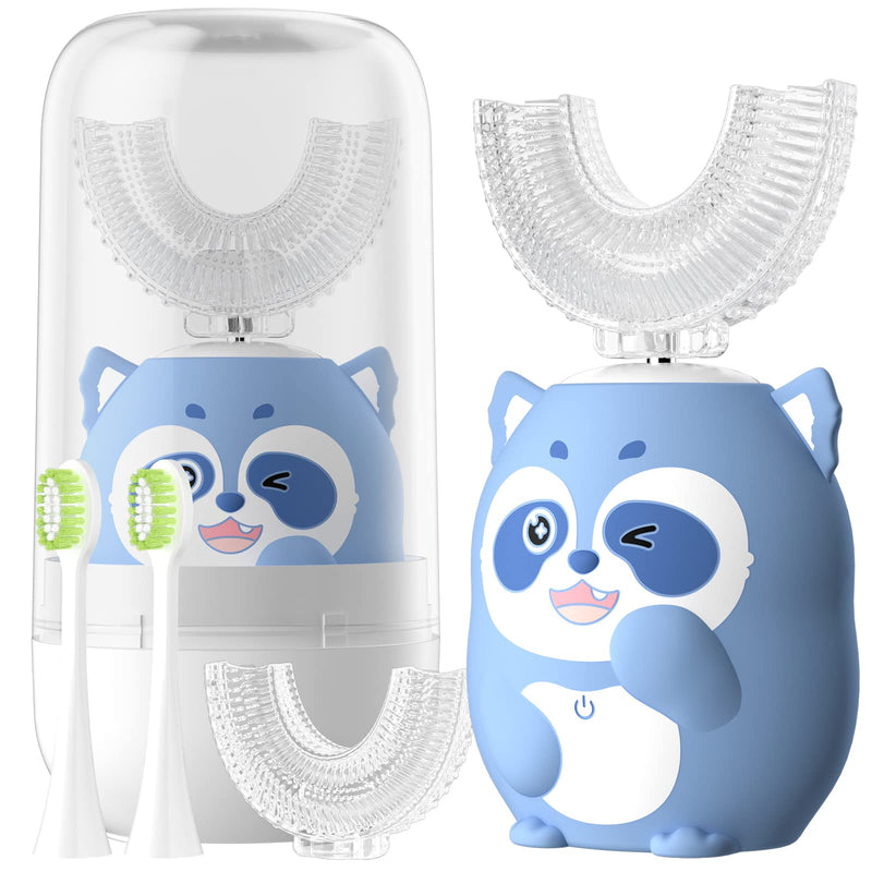 [Australia] - Kids Electric U Shaped Toothbrush, Cartoon Sonic Toothbrush with 4 Brush Heads 6 Cleaning Modes Children Toothbrush IPX7 Waterproof - (Age 2-7, Blue) Cup with Blue Raccoon（Ages 2-7） 