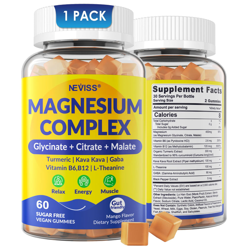 Magnesium Complex Gummies 400mg, Magneisum Glycinate Citrate Malate + Turmeric, GABA, B6 B12, Kava Kava, L-Theanine for Sleep, Calm, Relaxation, Energy, Magnesium Gummies for Women Men, Vegan, 60 Cts 60 Count (Pack of 1)