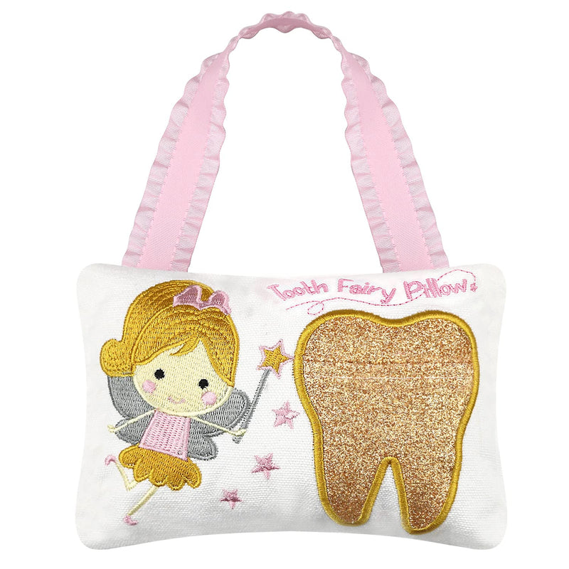 [Australia] - Tooth Fairy Pillow Embroidery Cartoon Fairy Gold Tooth Pocket with Gift Box Tooth Fairy Souvenir Children Gift for Girl Boy (Gold) 