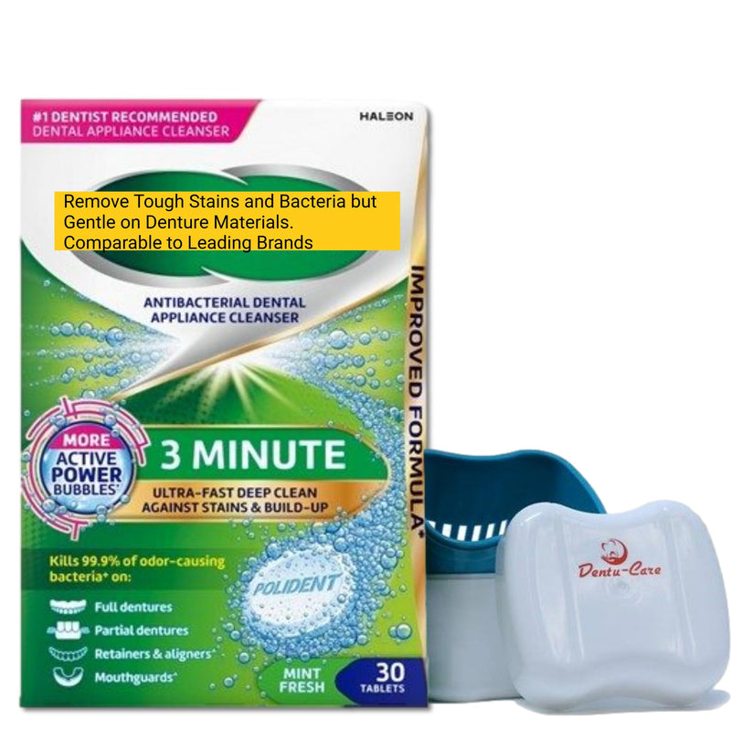 [Australia] - 3 Minute Denture Cleaner 30 Tablets in Triplemint Bundle with Dentu-Care Denture Cleaning Cup Case With Lid Basket and Draining Basket for Cleaning and Storing 