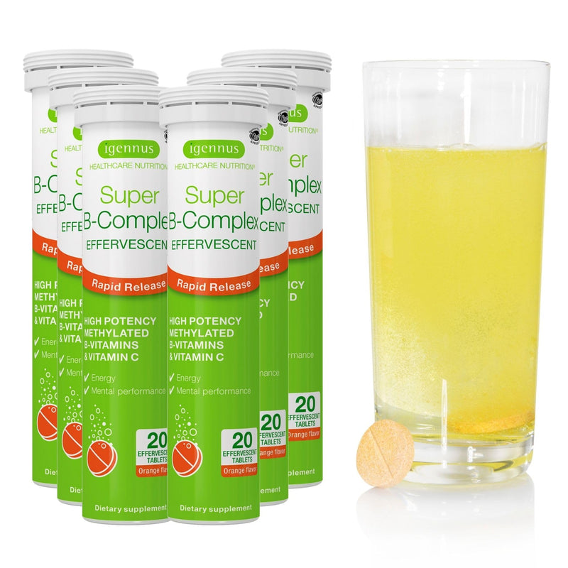 Igennus Super B-Complex Methylated Liquid B-Vitamin Effervescent Supplement | Fast Action Energy Drink, No Caffeine & Sugar-Free, Orange Flavor, Vegan, 120 Tablets Effervescent tablet 20 Count (Pack of 6)