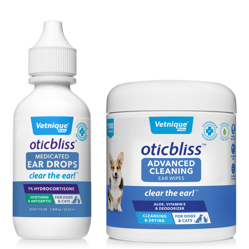 Oticbliss Medicated Ear Drops and Oticbliss Advanced Cleaning Wipes (100 Ct) Bundle Advanced Ear Cleaning Solutions with Medicated Ear Drops for Dogs Plus Dog Ear Cleaning Wipes with Aloe - PawsPlanet Australia